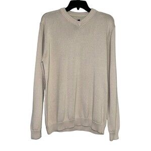 American Rag Mens Large V Neck beige Sweater Pullover Tight Knit Ottoman Cotton